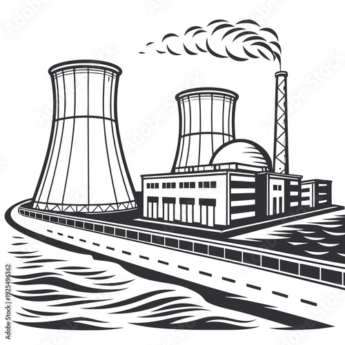A nuclear power plant with cooling towers