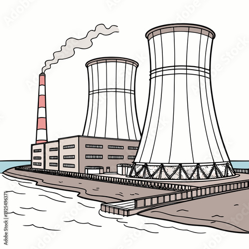 A drawing of a nuclear power plant with cooling towers