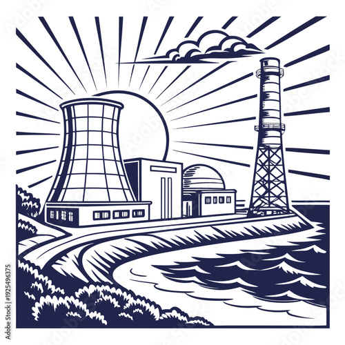 A nuclear power plant by the ocean with a sunburst