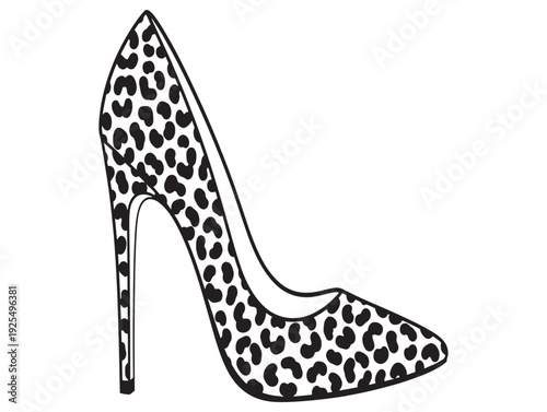 A black and white illustration of a high heeled shoe with a leopard print design