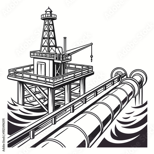 An oil rig in the ocean with a pipeline