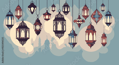 Hanging lanterns in various colors and designs.