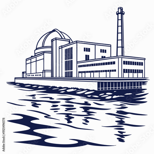 Industrial building on the waterfront with a dome