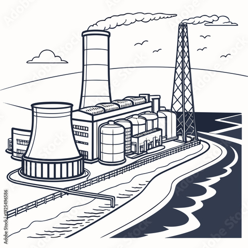 A black and white drawing of a nuclear power plant by a body of water
