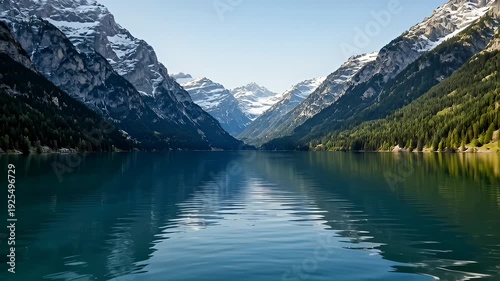 Serene Mountain Lake Reflecting Snow-Capped Peaks and Lush Green Forest Under Clear Blue Sky