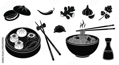 Asian dumplings and chopsticks presented in a striking black silhouette