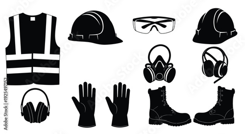Construction safety gear including helmet vest earmuffs and glove silhouette
