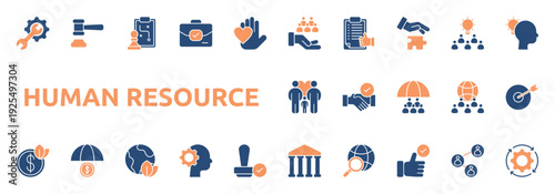 Human Resource icon two color style with team, support, report, approval, problem solving, idea, mindset icons