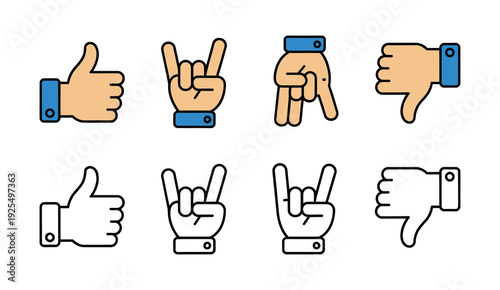 Hand Gesture Icon Set, Thumbs Up, Dislike, Love and Peace Outline Vector