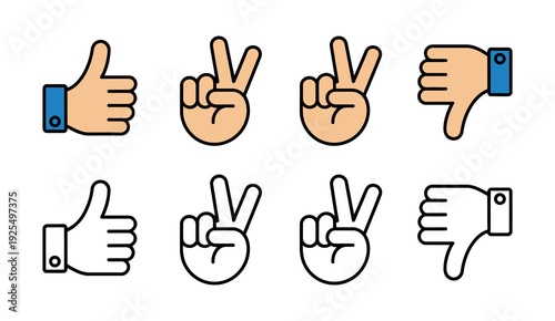 Universal Hand Gesture Icon Set - Professional Flat Outline Vector Illustrations of Thumbs Up, Dislike, Heart Love, and Peace Signs for Social Media