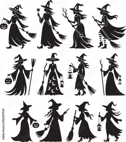 Halloween Grim Reaper Witch Silhouette Black and White Vector