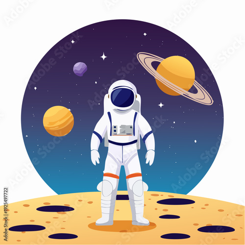 Cartoon astronaut standing on a moon-like surface with planets and stars in the background