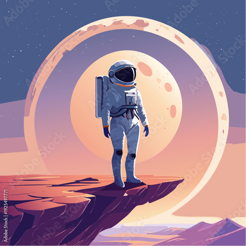 Astronaut Standing on Mars Looking at a Giant Moon in the Distance