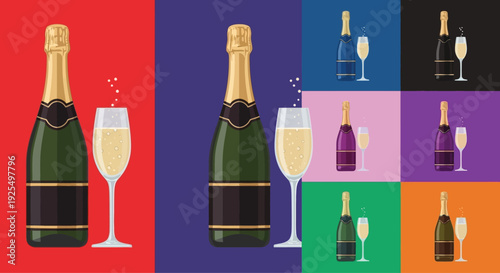 Vibrant champagne bottle and glass illustrations for celebrations
