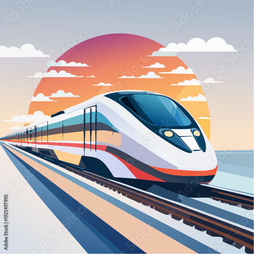Modern high-speed passenger train speeding along tracks at sunset with vibrant sky