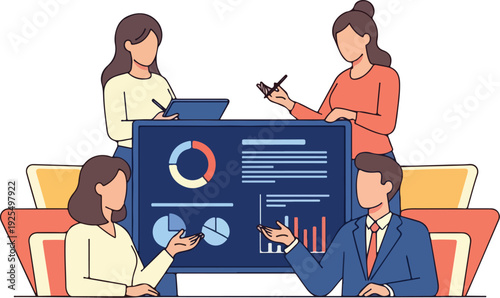 Business professionals engaged in a meeting discussion around a presentation screen displaying charts and graphs in a modern office setting