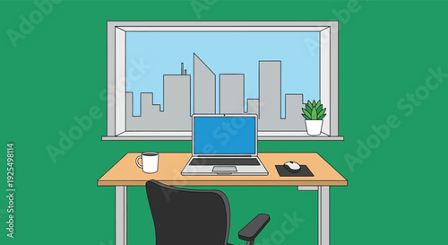 Modern office workspace with laptop and city view