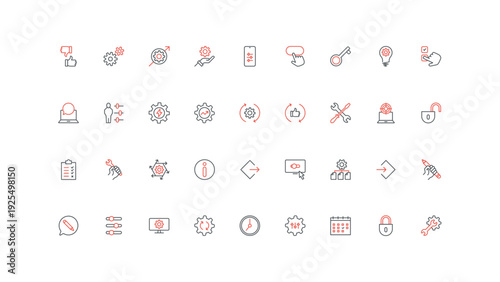 Gears of engine, workshop and maintenance service, data update process line icon set. Control config and system settings, technician fix tools thin black and red outline symbols vector illustration