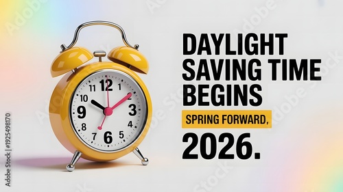 Spring forward 2026 Daylight Saving Time graphic featuring yellow alarm clock and modern seasonal clock change reminder illustration