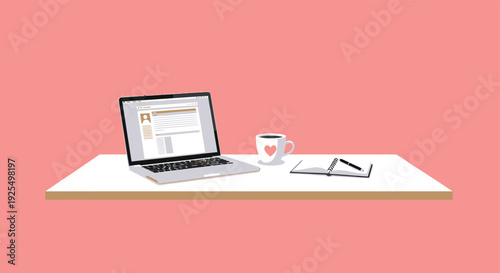 Modern workspace with laptop, coffee, and notebook on white desk