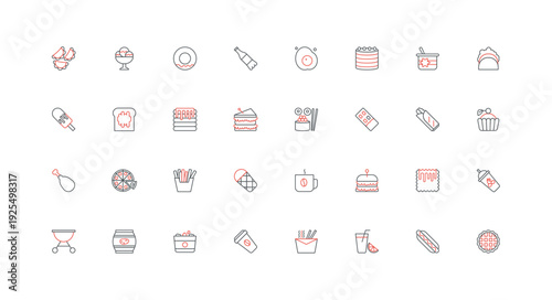 Fast food line icon set. Unhealthy meals and snacks collection with burger sandwich taco pizza donut pancakes milkshake chips popcorn sushi thin black and red outline symbols vector illustration