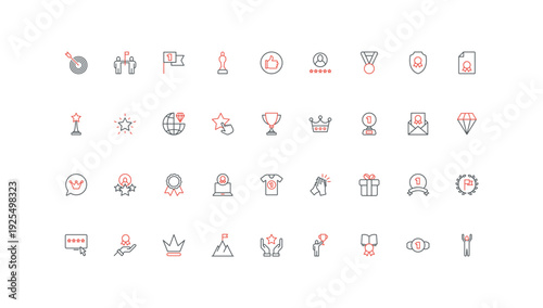 Success award of winner, trophy for first rank and place in competition line icon set. Medal and prize gift, seal with ribbon of premium quality thin black and red outline symbols vector illustration