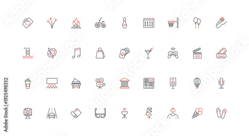 Entertainment activity for outdoor and indoor leisure, games and music, lifestyle, weekend line icon set. Travel and photography, cinema, picnic thin black and red outline symbols vector illustration