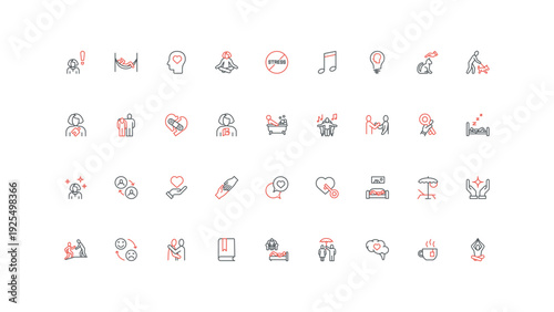 Support and self assistance in stress, psychology therapy, wellbeing line icon set. Counsellor, love and empathy heal depression, mind disorder thin black and red outline symbols vector illustration