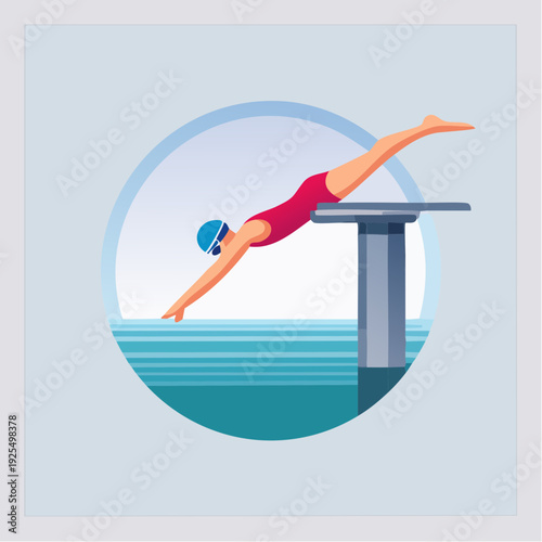 Female Swimmer Diving Headfirst from a Platform into Blue Pool Water
