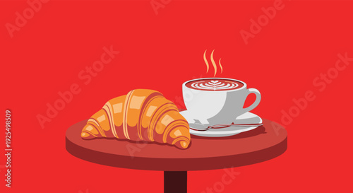 Delicious breakfast setup with croissant and steaming cup of coffee on table