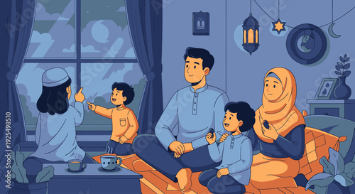 A Muslim family sitting together indoors during Ramadan.