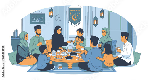 A Muslim family gathering for iftar during Ramadan.
