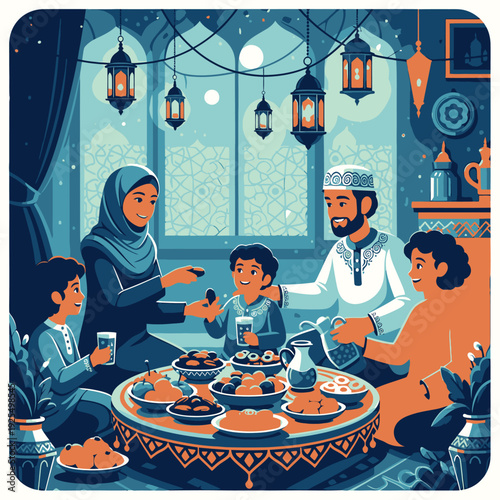 A Muslim family gathering for iftar during Ramadan.