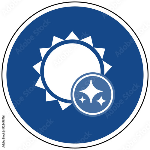 Blaues Schild mit Sonne Symbol und Sparkles für künstliche Intelligenz Wettervorhersage KI Solarenergie Umwelt Smart Weather Vektor
