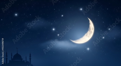 Crescent Moon and Stars Over Mosque Silhouette photo