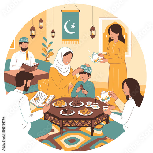 Family celebrating Ramadan with traditional food.