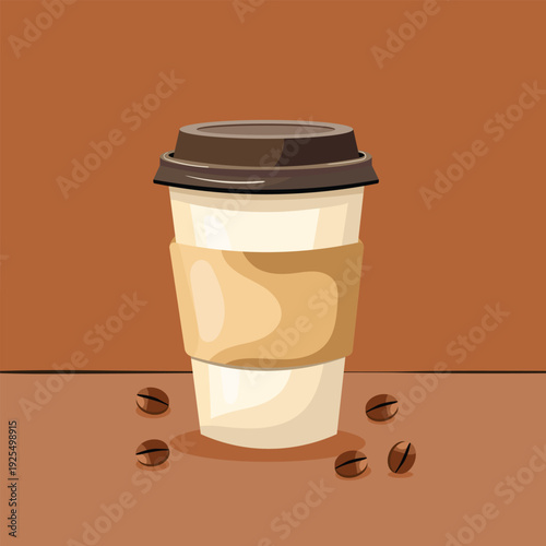 Minimalist illustration of a takeaway coffee cup with a brown lid and paper sleeve, surrounded by coffee beans on a warm-toned background, creating a simple, modern, and cozy café atmosphere