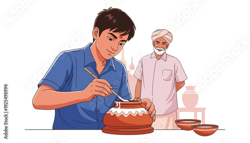 A young man painting a traditional clay pot with an elderly man watching