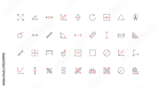 Size and distance, length and width, depth measure, scaling arrows, measurement guide line icon set. Pointers and tape, ruler with scales thin black and red outline symbols vector illustration