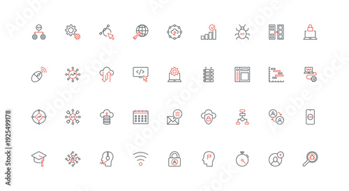 Development of software, mobile application, operate digital data line icon set. Algorithm of information system, program code test and gears thin black and red outline symbols vector illustration