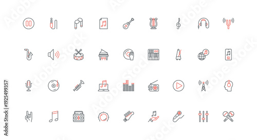 Audio, music and voice record and play back equipment, musical instruments line icon set. Sound wave and speakers, radio and headphone, microphone thin black and red outline symbol vector illustration