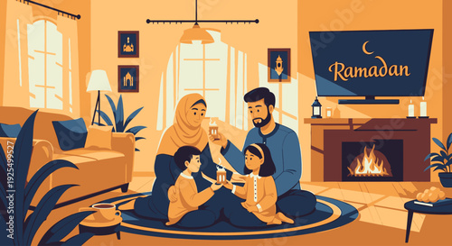 Family breaking fast during Ramadan at home.