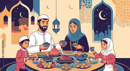 Muslim family breaking fast during Ramadan.