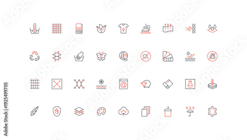Fabric features and properties, waterproof and windproof, stretch material line icon set. Cotton and wool, leather and silk, membrane layers thin black and red outline symbols vector illustration