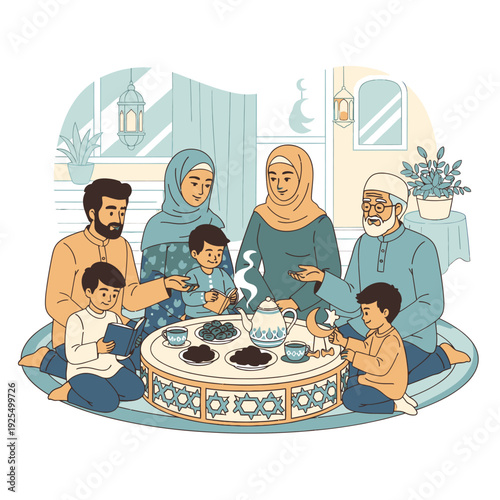A Muslim family gathering for iftar during Ramadan.
