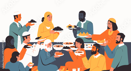 Diverse group of people sharing food.
