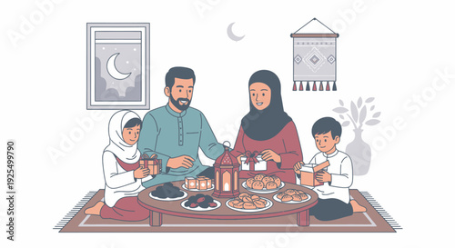 A Muslim family breaking their fast together.