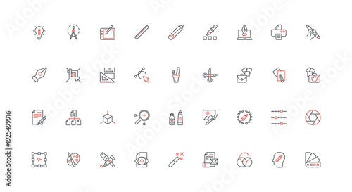Graphic design, digital tools and skill of author, artwork and tablet with pen line icon set. Art project, brush and pencil, creative idea color thin black and red outline symbols vector illustration