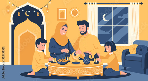 A Muslim family gathering for iftar during Ramadan.