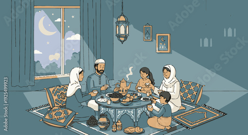 Family gathering for iftar during Ramadan.